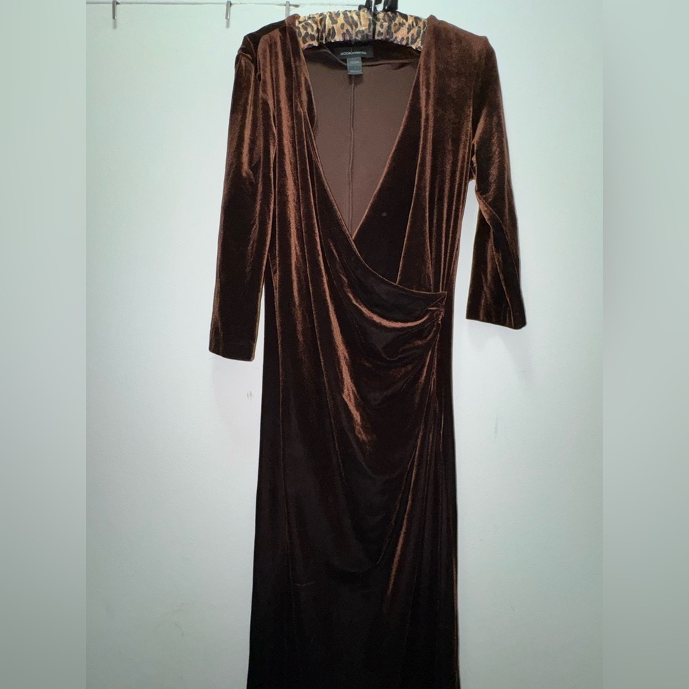 2000s Y2K Moda International chocolate brown velvet faux wrap maxi dress large